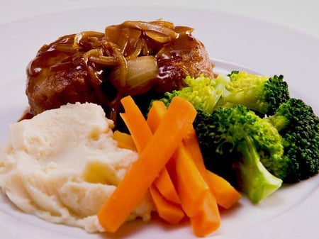 Beef Rissoles, Onion Gravy, Mash & Veg