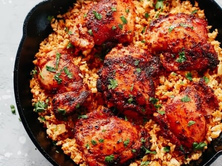 Morrocan Chicken Thighs with cauliflower broccoli rice