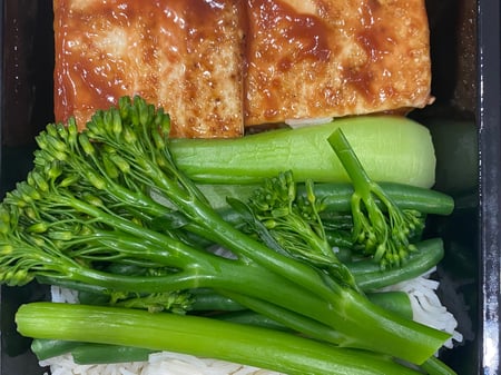 Vegan Tofu Steaks in hoisin with Basmati Rice & Seasonal Greens