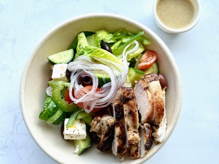 Greek Chicken Salad with Olives, Feta and Red wine vinegar dressing