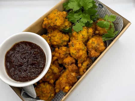 Spiced corn fritters with kaffir lime and mint