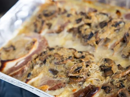 Roast beef with Ham and Cheese in Creamy Mushroom Sauce