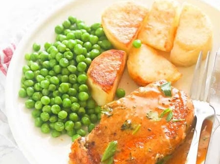 Roast Potato & Pumpkin, Pan Fried Pork, Peas & Gravy