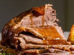 Slow Cooked Beef shoulder w/ mustard & rosemary "stuffing" crumble & beef jus