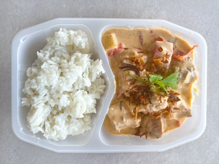 Red Thai Pork curry with pineapple and Thai basil, jasmine rice