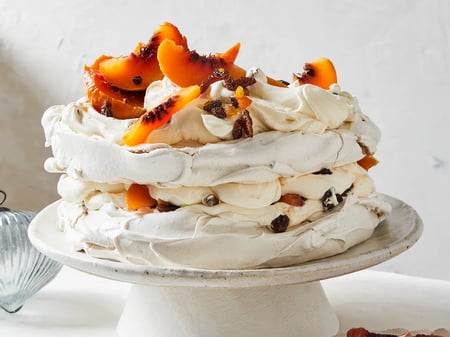 SPICED CHRISTMAS PAVLOVA, POACHED STONEFRUIT