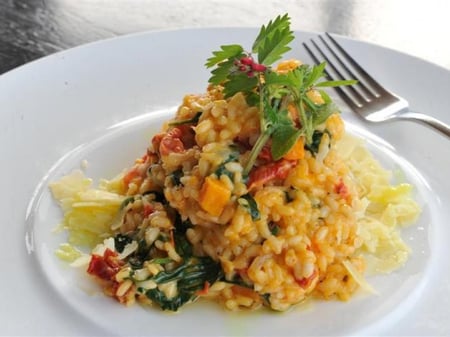 Roast Pumpkin, Spinach & Cherry Tomatoes Risotto