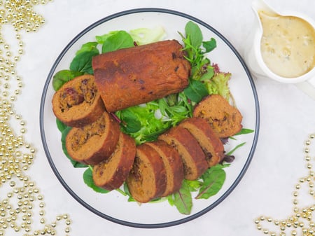 Pistachio and cranberry stuffed seitan roast