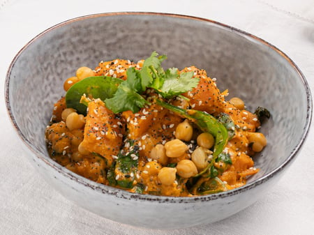 Sri Lankan sweet potato and chick pea curry, with ginger and coconut