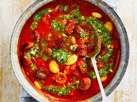 Chorizo, Capsicum & Butter Bean Stew with Herb Dressing