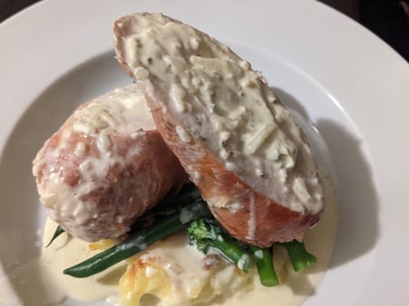 Chicken Roulade With Mash Potato & Seasonal Greens With Garlic Sauce