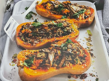 Roasted Butternut Pumpkin stuffed with Mushrooms.