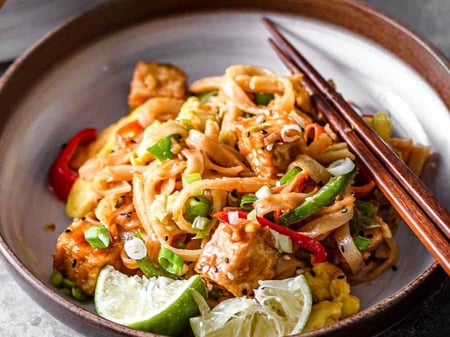 Organic Tofu Satay with Rice Noodles and Stir Fry Vegetables