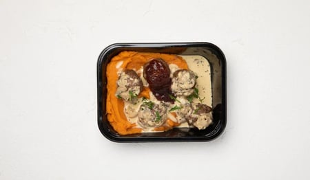 Swedish Meatballs with Mushroom Sauce & Sweet Potato Mash