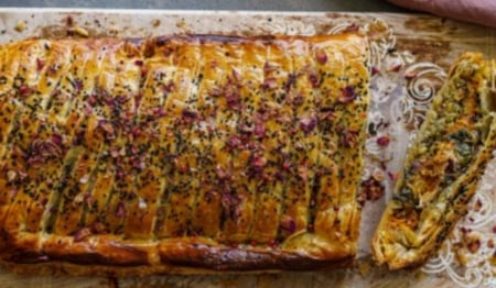 Roast Vegetables wrapped in flaky pastry with seeds, feta and grains