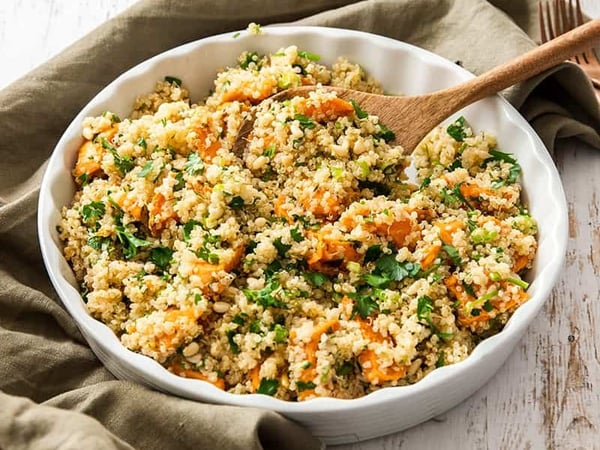 Quinoa, Sweet Potato Salad w/ Mixed Seeds and Maple Mustard Dressing