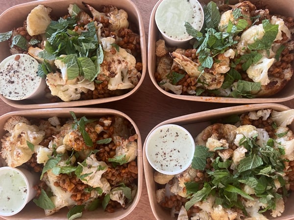 Cumin spiced Cauliflower with Fried Lentils and Spinach Yoghurt