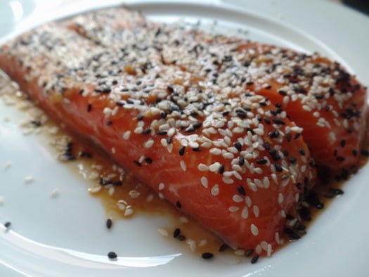 Seared ocean trout with a sesame Crust , soy band spinach