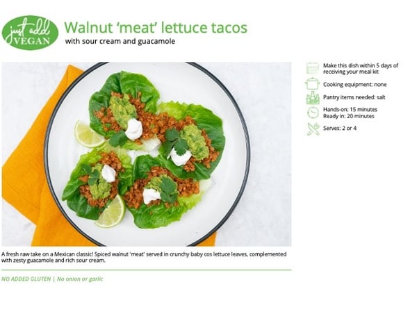 Walnut 'meat' lettuce tacos with sour cream and guacamole