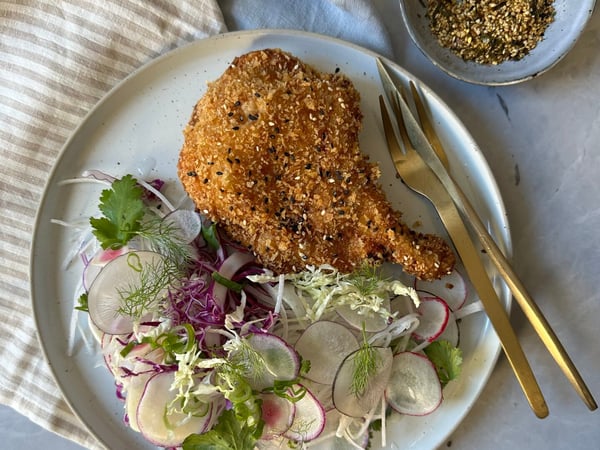 Sesame Katsu Pork Cutlets with radish, coleslaw, and tonkatsu