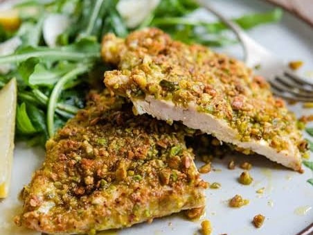 Schnitzel with pitachio and tarragon crumb with lemon myrtle butter