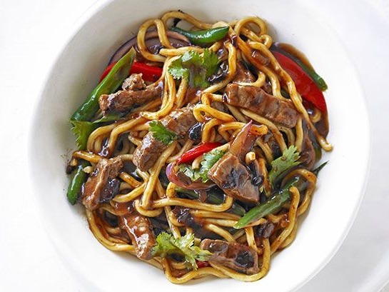 Hokkein Noodles w/ Black Bean Beef and Vegetables