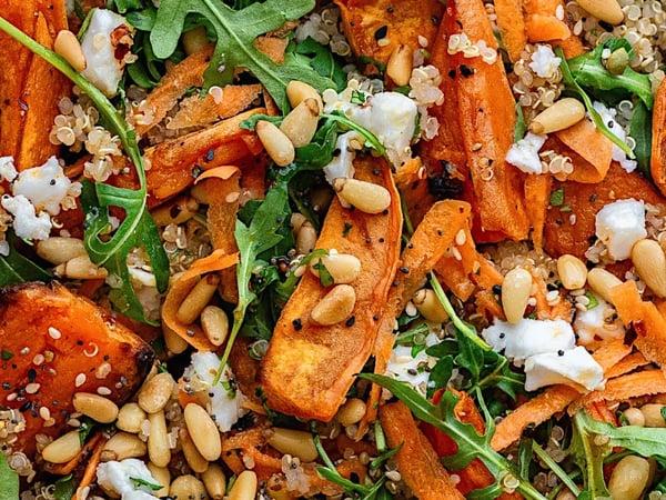 Spice Roasted Carrot, Kumara & Organic Quinoa Salad w/ Rocket & Feta.