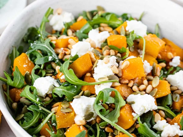 Roasted Pumpkin, Rocket, Feta and Pine Nut Salad with Balsamic Glaze Dressing