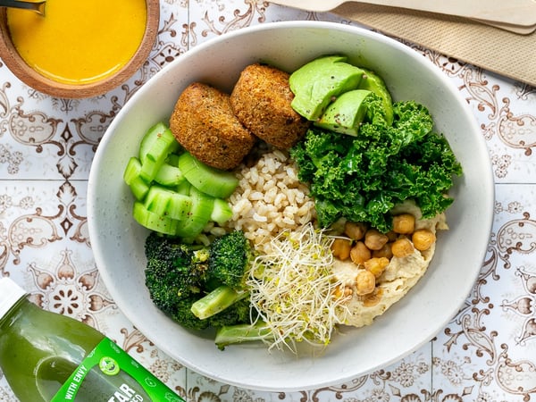 Fried falafel buddha bowl, kale, brown rice, avocado, broccoli