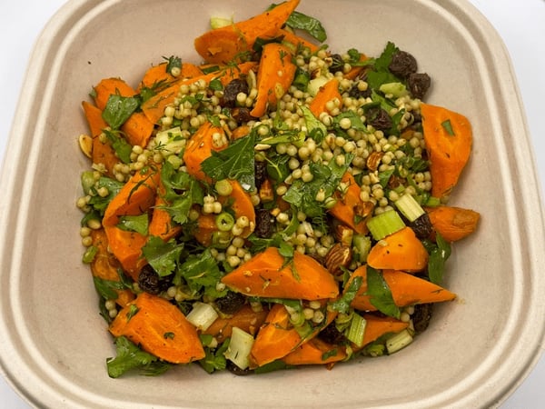 Roast Carrot, Ras el Hanout, Pearl Cous Cous, Raisin, Celery, Herbs Salad