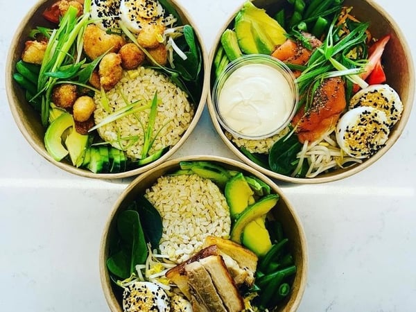 individual poke bowl with teriyaki chicken, tofu or smoked salmon