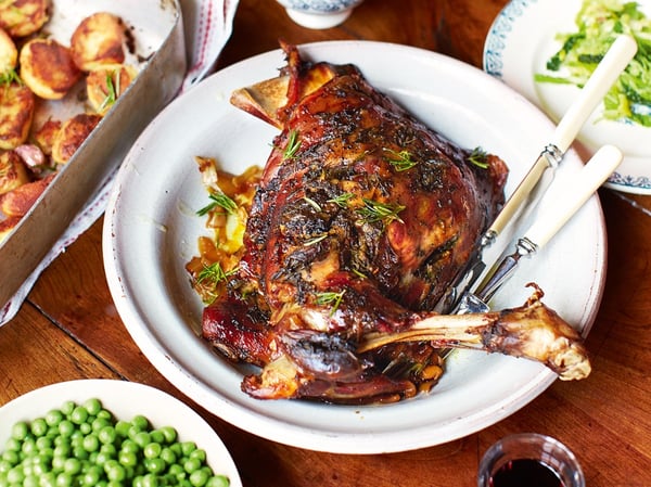 Oven Baked Lamb leg, crushed peas, mint jelly