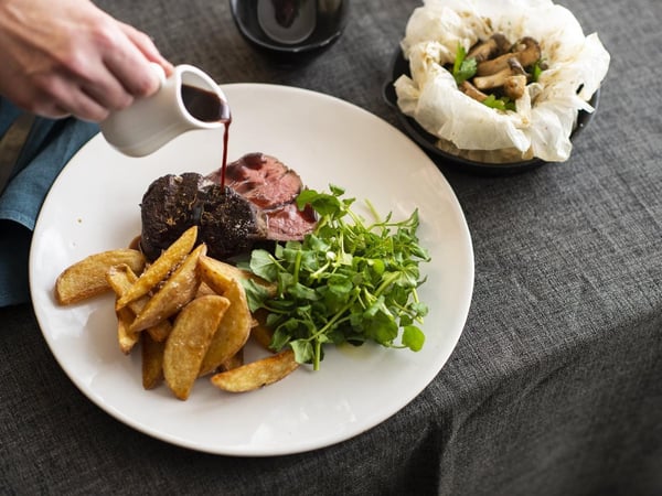 Marinated Fillet Steak with Wild Mushrooms & Red Wine Jus