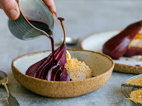 Red wine poached pears, whipped mascarpone, Macadamia brittle