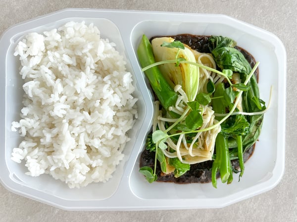 Stir fried Tofu and vegetables in black bean sauce, jasmine rice