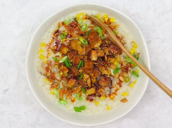 Sweet corn congee with sesame, soy and ginger tofu