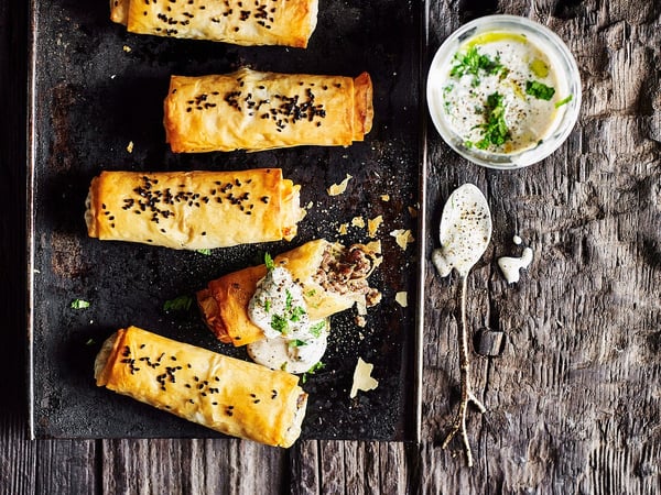 Chicken and Mushroom filo cigars served with minted yoghurt and green salad