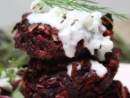 Halloumi and Pumpkin and beetroot fritters with aniseed myrtle