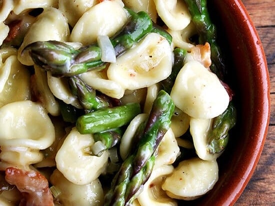 Orecchiette Carbonara with lemon and asparagus