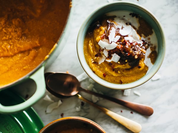 Sweet potato, pumpkin and coconut soup