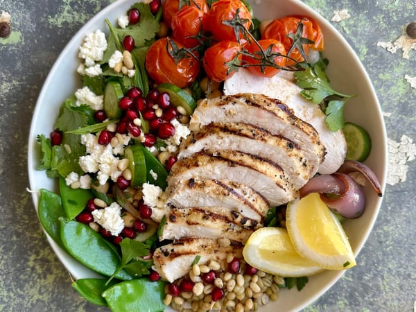 Char-grilled Sumac Chicken Spring Bowl with Chickpea, Feta & Mint Salad