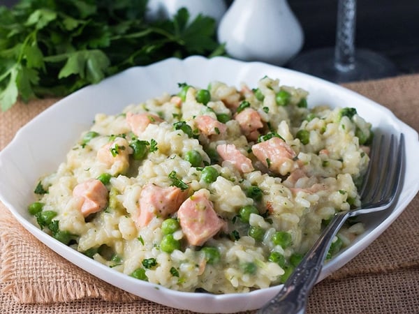 Creamy Smoked salmon risotto with spinach, dill and lemon