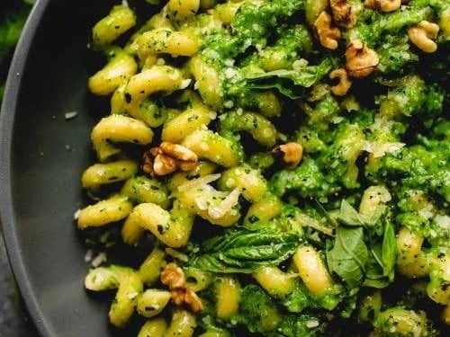 Roasted Broccoli Pesto Pasta with Toasted Pine Nuts