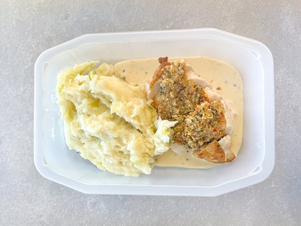 Herb crusted chicken breast, mustard sauce, colcannon mash