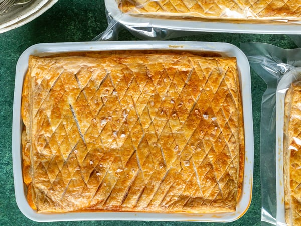 Beef bourguignon pie with mushrooms, onions and red wine