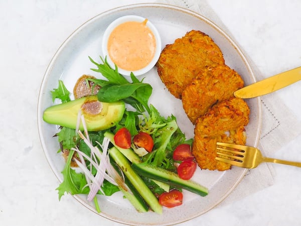 Lentil fritters with peri peri mayo and garden salad