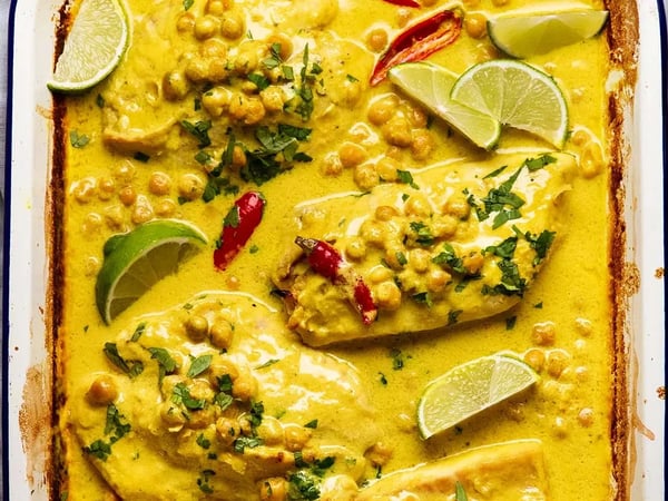 Baked Barramundi with Chickpeas in a Golden Coconut sauce