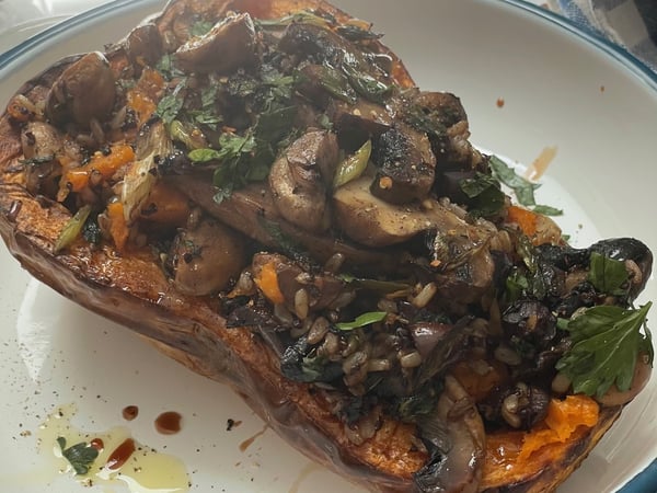 Roasted Butternut Pumpkin stuffed with Mushrooms.