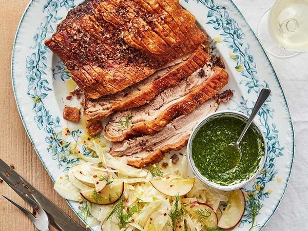 Slow Roasted Pork Belly w/ sautéed apple, fennel, & olive tapenade