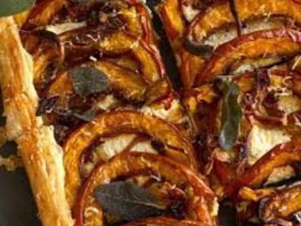 Roast pumpkin, Caramelised onion and Parmesan tart